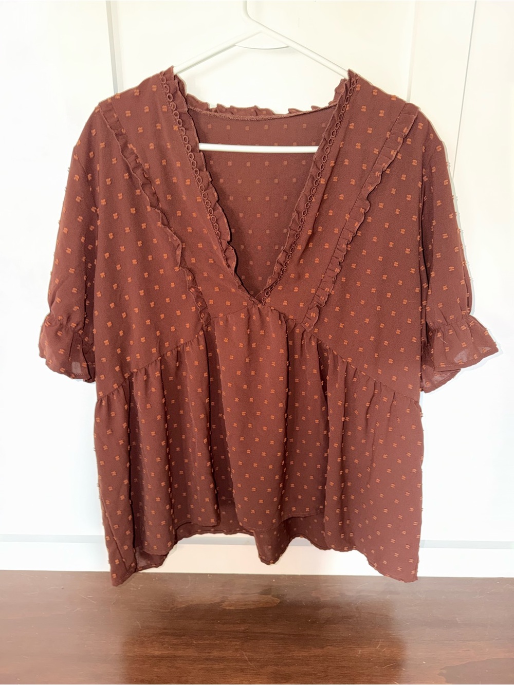 SHEIN Brown V-Neck Ruffle Peplum Tunic with Orange Dot Print